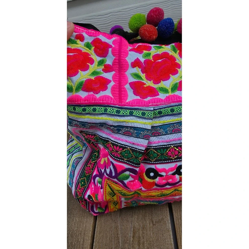 Hmong Embroidered Tote Bag Pink Floral Bird Pom Pom Bohemian Shoulder Bag Large